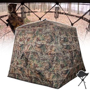 ShedOFF Wide Bottom Hunting Blind 1-3 Person with Portable Hunting Chair, 270 Degree See Through Pop up Ground Blinds for Deer Turkey Duck Hunting, Bow Hunting Adjust Windows with Silent Zipper