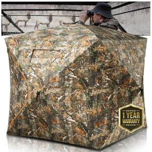 HUNTSEN Hunting Blind 270° See Through 2-3 Person Ground Blind Pop Up Hunting Tent with Carring Bag - Portable Durable for Turkey and Deer Hunting