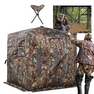 FUNHORUN Hunting Blind 270 Degree See Through Ground Blind for Hunting, 2/3 Person Pop Up Camouflage Tent for Deer and Turkey, Portable Concealed Shelter with Chair and Carrying Bag