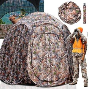 𝟮𝟬𝟮𝟰 𝐔𝐩𝐠𝐫𝐚𝐝𝐞𝐝 See Through Hunting Blind Ground, 3-4 Person Ground Blinds for Deer Hunting, 6-Sided Larger Pop Up Blinds, Camo Tent for Hunting Turkey with Carry Bag 84" x 74" x 78"H