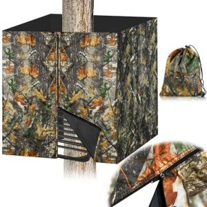 Emsiok Four-Sided Hunting Tree Stand Blinds Kit, 142" x 35" Treestand Camo Blind Cover Universal 2 Man Ladder Stand Blind Camouflage Stand Accessories with Zipper Pockage Storage Bag for Deer Hunting