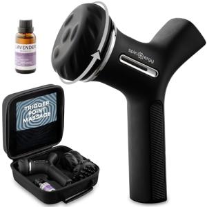 LifePro Spinergy Oil-Compatible Massage Gun - Deep Tissue Rotary Electric Handheld Back and Body Muscle Massager Gun with 4 Heads, 6 Speeds & Lavender Oil-Quiet Portable Tool for Men, Women, Athletes