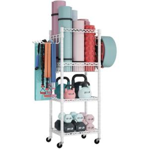 FUTASSI S1 Home Gym Storage, 3-Tier Workout Equipment Organizer with Wheels for Yoga Mats, Foam Roller, Dumbbells, Kettlebells, and Resistance Bands, 47.4" H x 27.5" W x 11.8" D, White