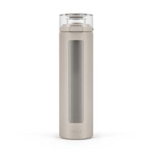 Ello Syndicate 20oz Reusable Glass Water Bottle with One-Touch Leak Proof Flip Lid, Protective Non-Slip Silicone Sleeve, Carry Loop for Coffee, Tea and Water, BPA-free, Dishwasher Safe, Sand