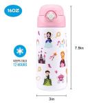 Kids Insulated Water Bottle with Covered Pop-Up Straw,16oz Kids Cups with Stainless Steel Leak Proof for School Boys Girls（4-Princess）