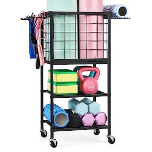 ETELI Yoga Mat Storage Rack Home Gym Workout Equipment Storage Cart with Hooks Wheels Small Metal Weight Rack for Dumbbells, Kettlebells, Foam Rollers, Resistance Bands, Yoga Block