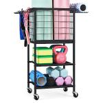 ETELI Yoga Mat Storage Rack Home Gym Workout Equipment Storage Cart with Hooks Wheels Small Metal Weight Rack for Dumbbells, Kettlebells, Foam Rollers, Resistance Bands, Yoga Block