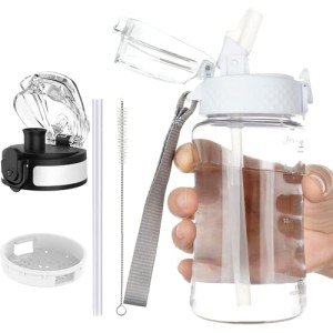 OLDLEY Kids Water Bottle for School, 12 oz (2 lids) BPA-Free Reusable Leak-proof Durable Tritan Plastic Water Bottles with Straw & Chug Lids, Anti-dust Spout Cover (Clear)