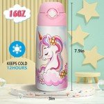 Kids Insulated Water Bottle with Covered Pop-Up Straw,16oz Kids Cups with Stainless Steel Leak Proof for School Boys Girls（4-Princess）