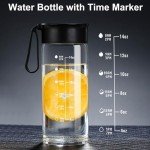 Doseno Glass Bottles with Lids, Glass Water Bottle with Time Marker, 17oz Glass Bottles with Carrying Strap, Glass bottle for Juicing for Office, Gym (black)