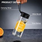 Doseno Glass Bottles with Lids, Glass Water Bottle with Time Marker, 17oz Glass Bottles with Carrying Strap, Glass bottle for Juicing for Office, Gym (black)
