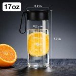 Doseno Glass Bottles with Lids, Glass Water Bottle with Time Marker, 17oz Glass Bottles with Carrying Strap, Glass bottle for Juicing for Office, Gym (black)