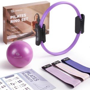 LIONSCOOL Pilates Ring Set (Purple) - 14" Pilates Ring, 9" Pilates Mini Ball and Three Fabric Resistance Bands Included