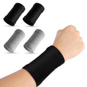 COMNICO Wrist Compression Sleeve, 2 Pairs Spandex Soft Elastic Wrist Brace Hand Band Sport Support Wraps Arthritis Pain Relief for Men Women Work Gym Typing Golf Volleyball(Gray+Black)