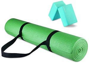 Fitvids All Purpose 1/4-Inch High Density Anti-Tear Exercise Yoga Mat with Carrying Strap and Yoga Blocks, Green