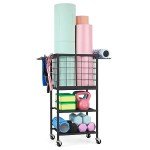 ETELI Yoga Mat Storage Rack Home Gym Workout Equipment Storage Cart with Hooks Wheels Small Metal Weight Rack for Dumbbells, Kettlebells, Foam Rollers, Resistance Bands, Yoga Block