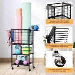 ETELI Yoga Mat Storage Rack Home Gym Workout Equipment Storage Cart with Hooks Wheels Small Metal Weight Rack for Dumbbells, Kettlebells, Foam Rollers, Resistance Bands, Yoga Block