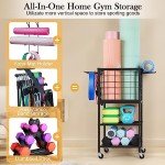ETELI Yoga Mat Storage Rack Home Gym Workout Equipment Storage Cart with Hooks Wheels Small Metal Weight Rack for Dumbbells, Kettlebells, Foam Rollers, Resistance Bands, Yoga Block
