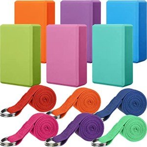 Junkin 12 Pcs Yoga Blocks with Strap Set, 9'' x 6'' x 3'' EVA Foam Yoga Blocks 72 Inch Stretching Yoga Strap Adjustable Yoga Belt Exercise Stretch Bands with D Ring Buckle for Workout Fitness Dance