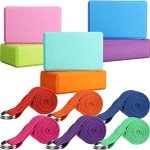 Junkin 12 Pcs Yoga Blocks with Strap Set, 9'' x 6'' x 3'' EVA Foam Yoga Blocks 72 Inch Stretching Yoga Strap Adjustable Yoga Belt Exercise Stretch Bands with D Ring Buckle for Workout Fitness Dance