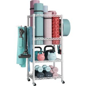 FUTASSI S1 Home Gym Storage, 3-Tier Workout Equipment Organizer with Wheels for Yoga Mats, Foam Roller, Dumbbells, Kettlebells, and Resistance Bands, 47.4" H x 27.5" W x 11.8" D, White