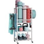 FUTASSI S1 Home Gym Storage, 3-Tier Workout Equipment Organizer with Wheels for Yoga Mats, Foam Roller, Dumbbells, Kettlebells, and Resistance Bands, 47.4" H x 27.5" W x 11.8" D, White
