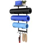 Wall-Mounted Yoga Mat Holder with Storage Hooks