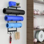 Wall-Mounted Yoga Mat Holder with Storage Hooks
