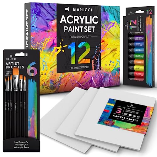 12 Color Acrylic Paint Set with Brushes & Canvases