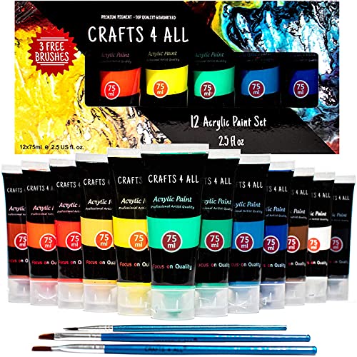 Crafts 4 All Acrylic Paint Set - 12 Colors + Brushes