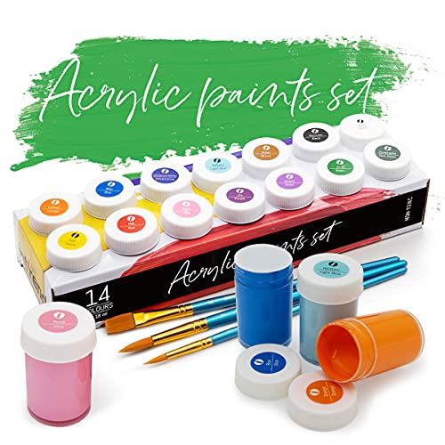 14 Acrylic Craft Paints + Brushes - Waterproof Colors