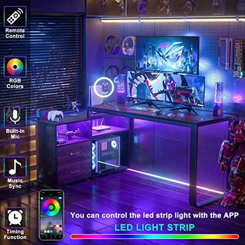 L-Shaped Desk with Storage and LED Lights