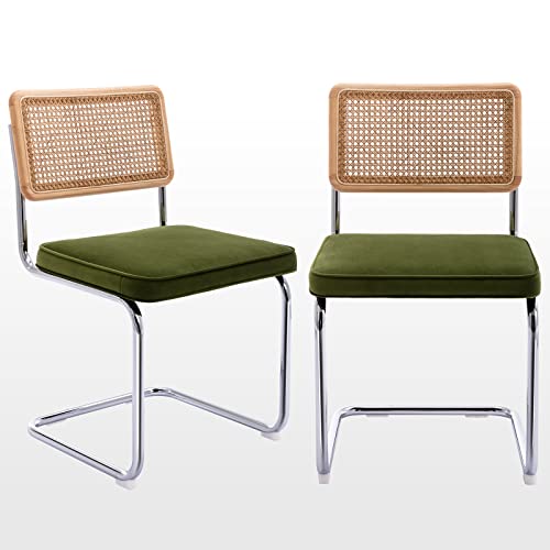 Velvet Rattan Dining Chairs Set of 2 - Green