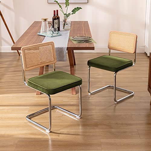 Velvet Rattan Dining Chairs Set of 2 - Green