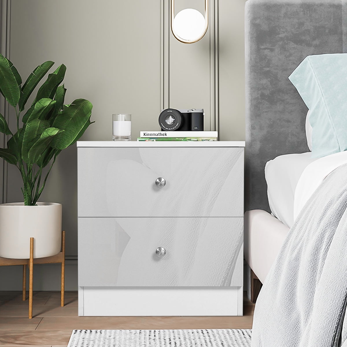 Modern Gray and White Nightstand with 2 Drawers