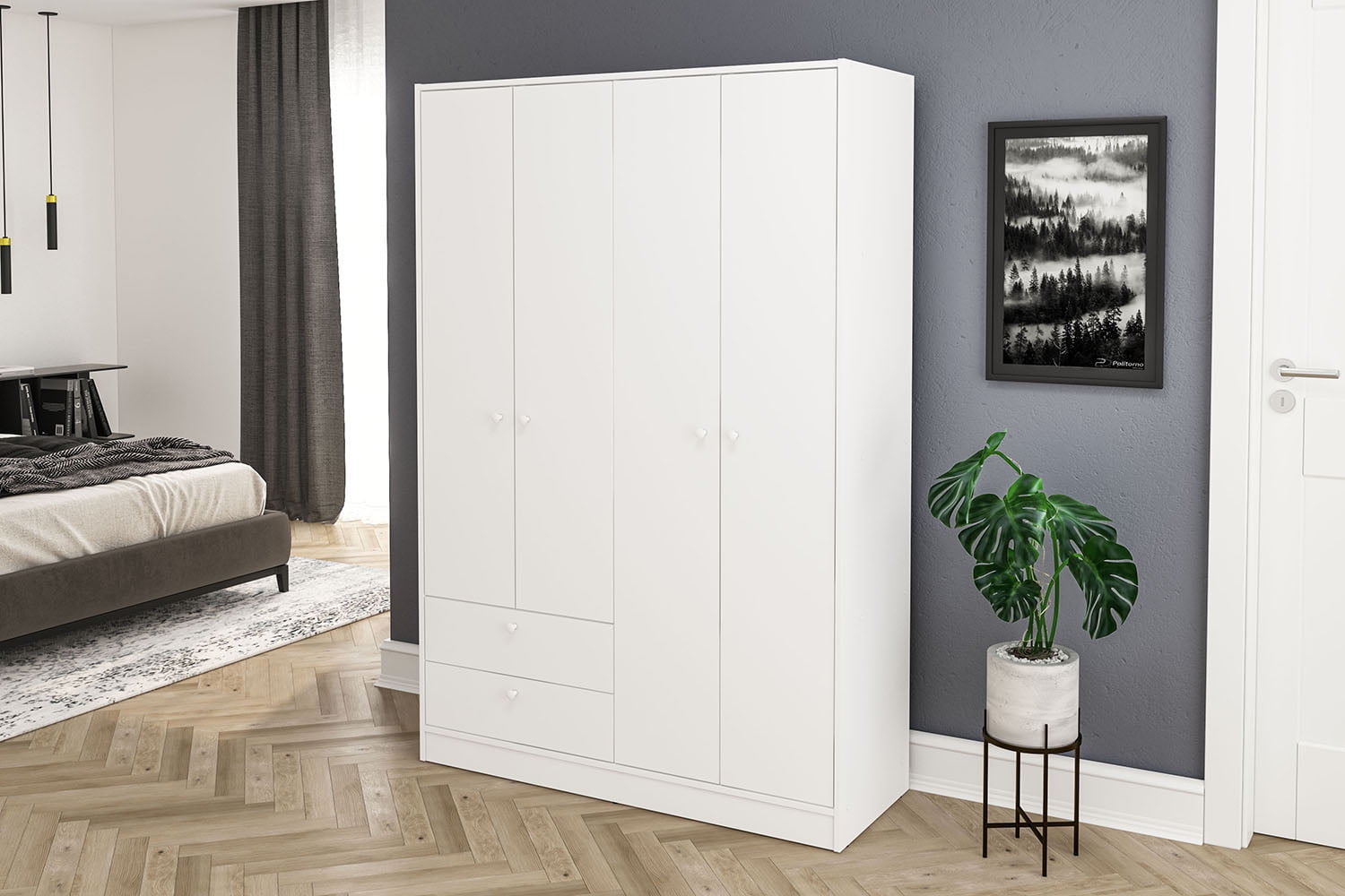Denmark White 4-Door Bedroom Armoire with Drawers
