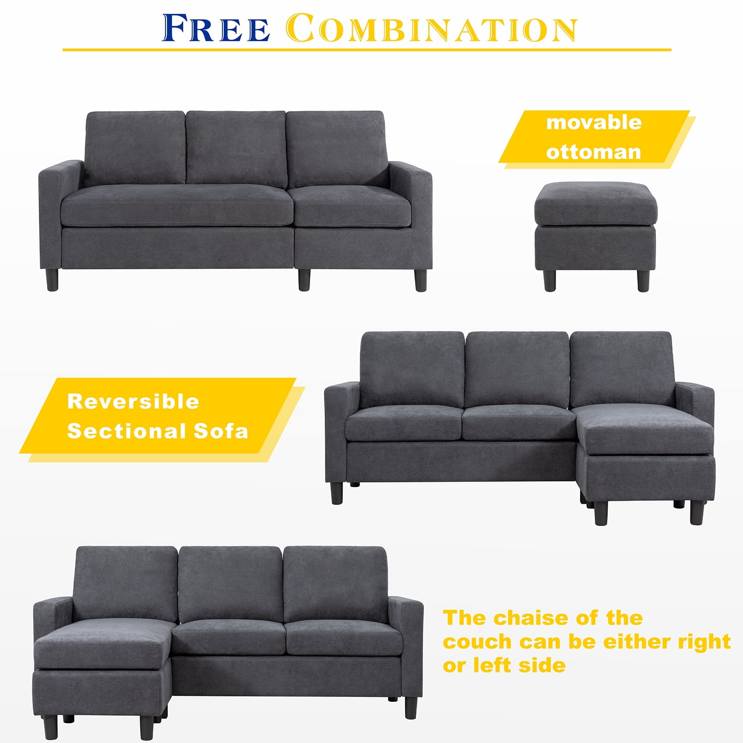 Modern L-Shaped Dark Gray Convertible Sectional Sofa
