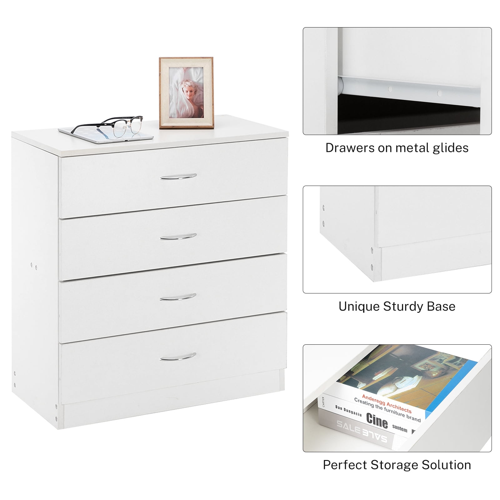 4-Drawer Modern Wood Dresser in White