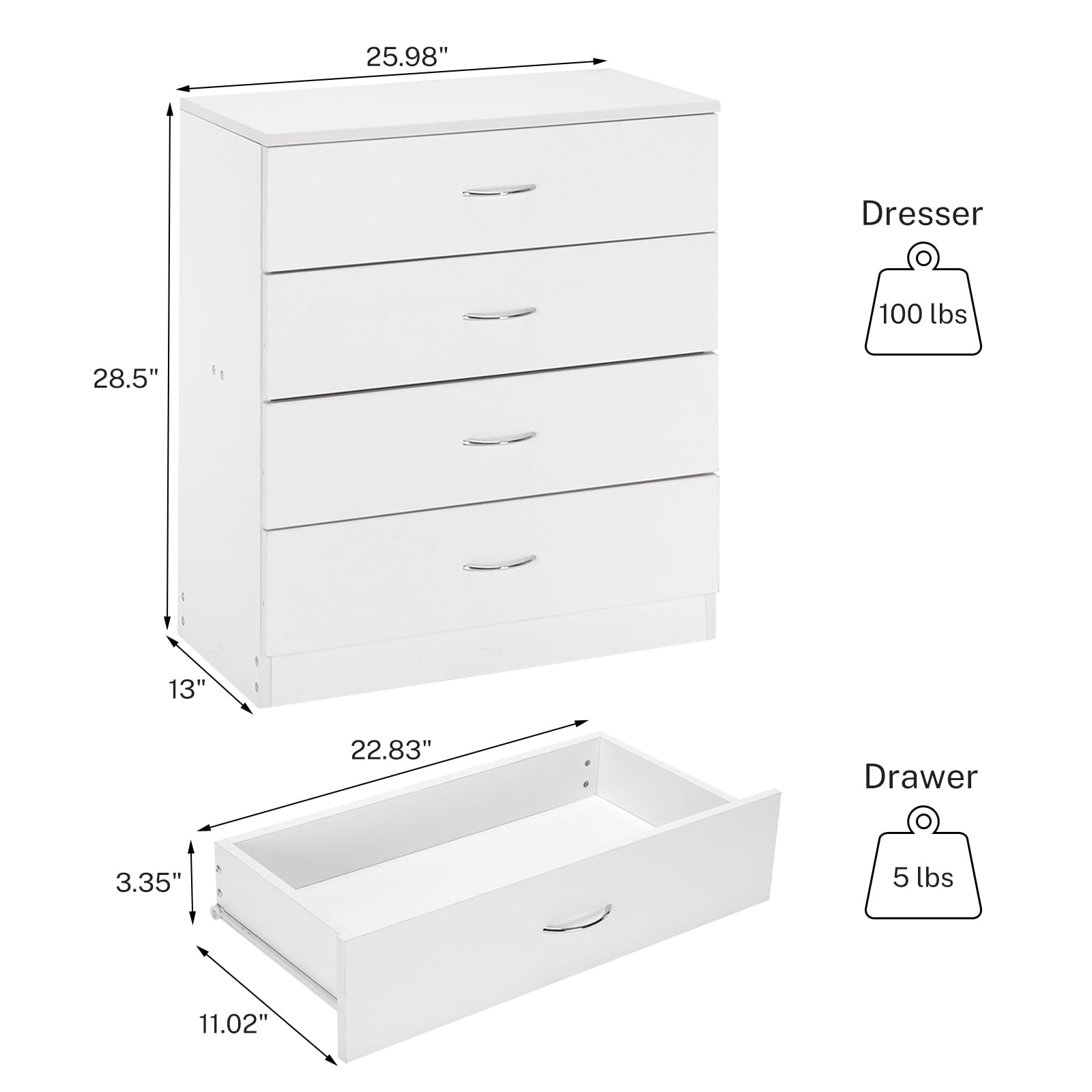 4-Drawer Modern Wood Dresser in White
