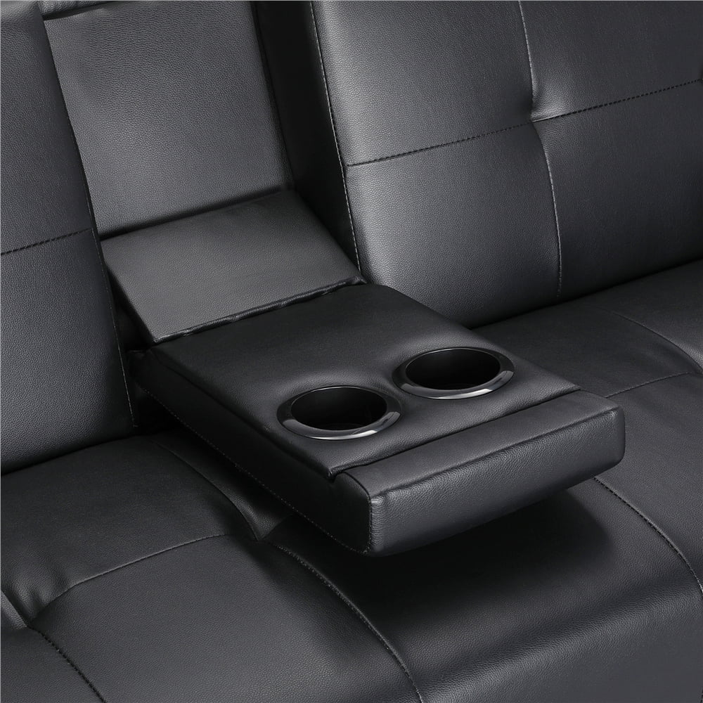Compact Black Faux Leather Futon with Cupholders