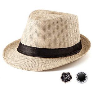 Ladybro Beige Straw Fedora Hat for Summer