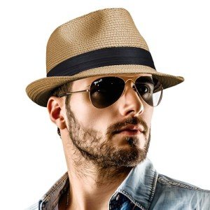 Packable Short Brim Straw Fedora Hat, Brown
