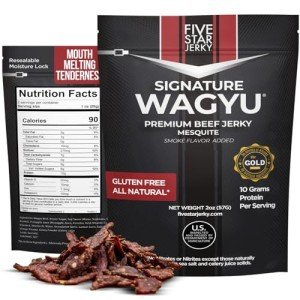 Five Star Wagyu Mesquite Beef Jerky, Soft & Mouth Melting Tender Jerky, Award-Winning Premium Beef Jerky, No Artificial Ingredients, Premium Gift Snack, Nitrate/Nitrite-Free, Gluten-Free, Wagyu Beef Snacks (6 Pack of 2 Oz - Total 12oz)