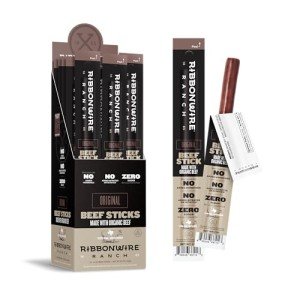 Ribbonwire Ranch Beef Jerky Snack Sticks - Made with Organic Beef, Pasture Raised, High Protein Snack - Healthy, Low Carb, Gluten-Free, Nitrate Free, Perfect for On-the-Go & Keto Diets (1 Count (Pack of 24), Original)