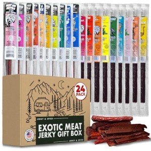 Buffalo Bob's Wild Game Meat Snacks (24 pack), Ultimate Exotic Jerky Gift Box for Men, Beef Jerky Variety Pack Gift, Multiple Wild Game Jerky Sticks, Beef Jerky Gift Basket for Anniversary & Birthday