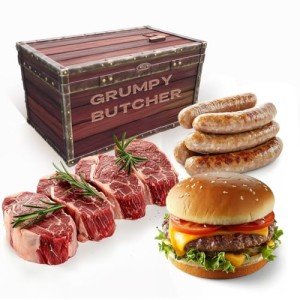 Grumpy Butcher Chef‑Crafted Grilling Meats Bundle – Grillmaster Feast: 4 Top Sirloin Steaks, 4 Large Wagyu Beef Hamburger Patties, 6 Chicken Sausages (4.6 lb total) – Gift Basket for Men