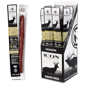 ICON Meats Venison and Pork Snack Sticks - Garlic Flavor - 24 Pack of Individually Wrapped Meat Sticks, USDA Approved, All Natural Artisan Meats, Diet Friendly, High Protein, Low Calorie, Sugar Free