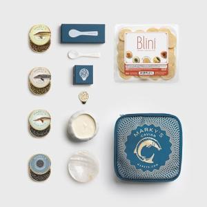 MARKY'S Essential Caviar Tasting Gift Set - 0.5 oz / 14 g (Pack of 4) x Kaluga Royal Amber Caviar, Hackleback Caviar, Osetra Royal Caviar, Paddlefish Caviar - Caviar Cocktail Blini - Caviar Serving Set - Spoon, Plate & Tin Opener - Comes with Cooler Gift Bag