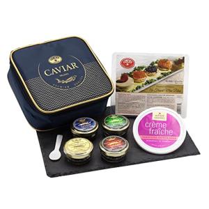 OLMA Imperial Caviar Gift Set - 4 oz (112g) of Caviar, Includes: Beluga, Osetra Caviar, White Sturgeon, Siberian Osetra Aurora & Serving Spoon & Blinis - Superior Grade Fresh Roe Fish Eggs