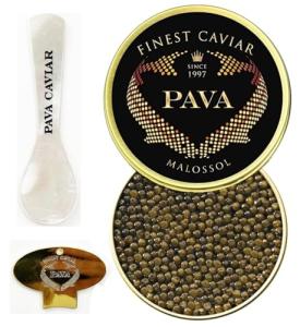 4.4 OZ. Kaluga Caviar, Sturgeon Black Caviar, Kaluga Hybrid Imperial Grade, (125 grams). Includes 2 Mother of Pearl Spoons, Tin Opener, Insulated Cooler Bag, Velvet Pouch.